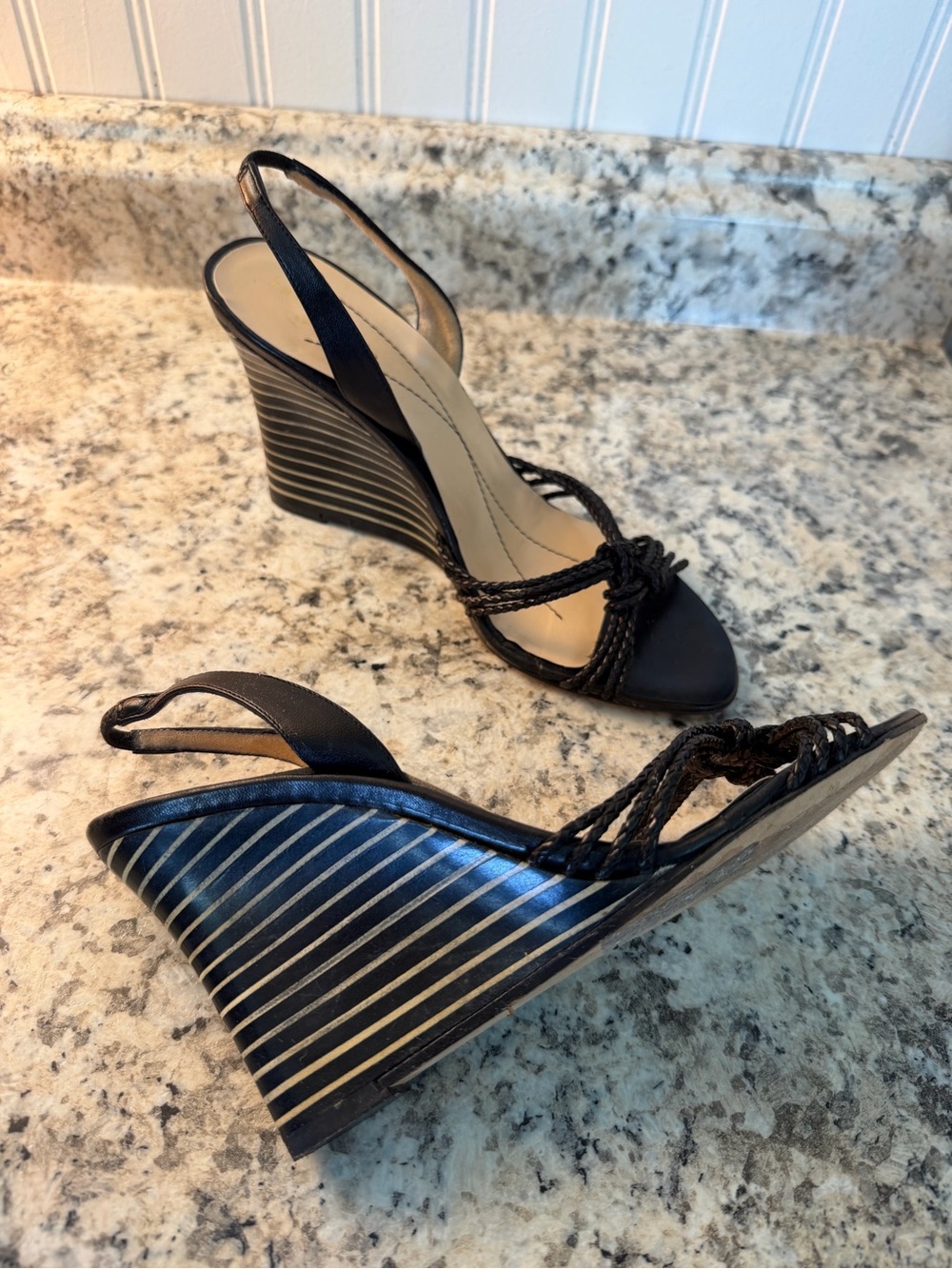 kate spade Black Striped Braided Wedge Sandals Ariel Made in Italy 🇮🇹 - Picture 2 of 9